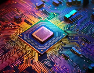 high tech microchip with colorful circuitry showcasing intricate patterns and advanced technology vibrant colors and detailed design highlight complexity of modern electronics