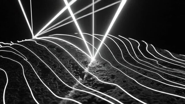 White laser lines scan a dark textured 3D object from multiple angles