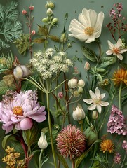 Elegant and romantic watercolor botanical pattern featuring wild flowers