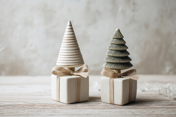 Two decorative Christmas trees in neutral colors on white gift boxes. The left tree is striped, while the right tree has a textured green design. Ideal for holiday decor.