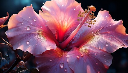 pink hibiscus bloom dewdrops glistening against dark backdrop