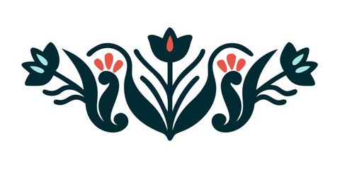 Naklejka premium Tulip-style floral ornament with curved leaves in folk design
