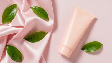 Cosmetic Cream Tube With Green Leaves On Pink Silk stock