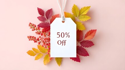 A decorative price tag announcing a fifty percent discount  50 Off  is beautifully arranged with red yellow and orange autumn leaves and berries set against a gentle pink surface