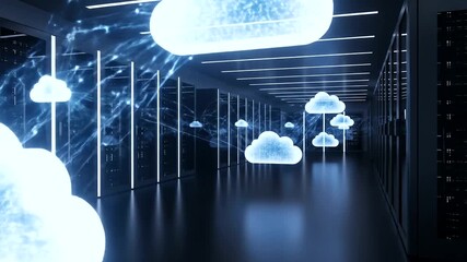 Futuristic data center with glowing cloud icons representing cloud computing technology in action - Powered by Adobe
