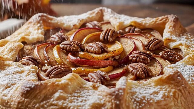 A visually appealing, rustic open-faced apple and pecan tart is elegantly dusted with a delicate snowfall of powdered sugar. The golden, flaky pastry crust beautifully frames the sweet, sliced apples 