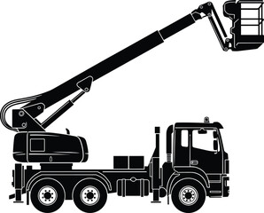 Truck aerial platform, cherry picker silhouette, hydraulic boom lift, elevated work vehicle, maintenance equipment icon, construction access flat vector © MstFerdushe