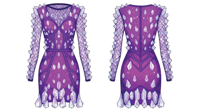 Avant-garde crystal-encrusted purple mini dress design with intricate detailing and a striking silhouette displayed from front and back views