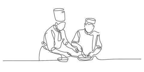 Continuous line art drawing of two professional chefs preparing food side by side Vector, illustration