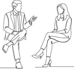 Business conversation scene, professional meeting illustration, seated people interaction, formal discussion posture, corporate communication gesture, line art flat vector