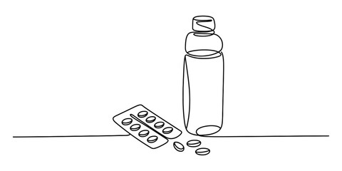 Continuous line art drawing illustrating a medicine bottle and a blister pack with pills Vector, illustration