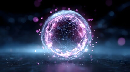 Luminous abstract sphere representing interconnected digital data or scientific energy pulsating with light and particles in a dark cosmic environment with bokeh effects