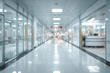 Fototapeta premium Modern hospital corridor, clean hallway, medical interior, bright light, blur background