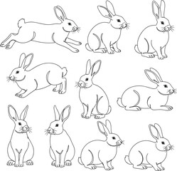 Rabbit pose collection, animal silhouette illustration, bunny line drawing set, jumping crouching sitting standing positions, minimal style flat vector
