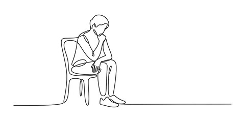 Sad woman sitting on a chair continuous line drawing concept for loneliness or depression Vector, illustration