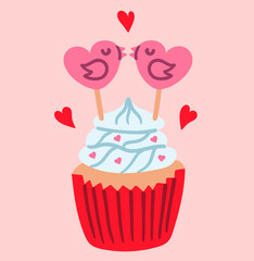 Flat style illustration of Valentine cupcake with white frosting, tiny pink hearts, and kissing heart birds on sticks, perfect for love-themed cards, bakery packaging, and romantic party decor. 