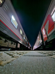 Two trains are parked next to each other. The train on the left has a red stripe