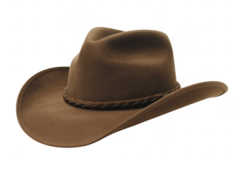 Brown cowboy hat with braided leather band isolated on a transparent background