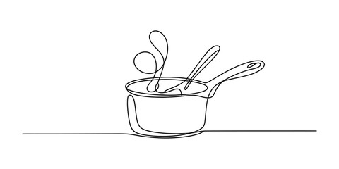 A minimalist continuous line drawing depicting a saucepan with steam rising, symbolizing cooking Vector, illustration