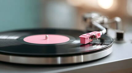 Detailed view of an analog vinyl record player in motion showcasing the spinning black disc pink label and the pink cartridge stylus tracing the grooves for an immersive audio experience