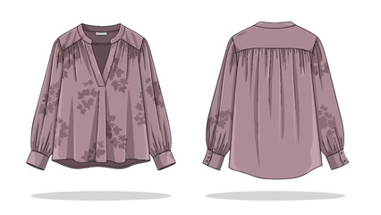 Elegant Dusty Rose Blouse with Botanical Print and Gathered Details Showcasing Front and Back Views