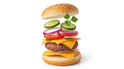 Deconstructed hamburger with floating ingredients on white background cheeseburger food