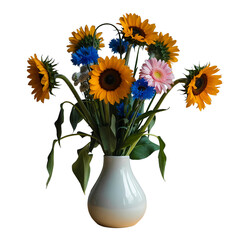A beautiful bouquet of sunflowers, blue cornflowers, and a pink gerbera daisy in a white vase