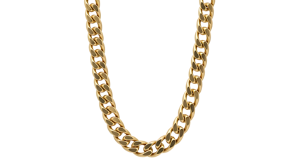Gold chain necklace with interlocking links on black background