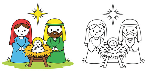 Cute Christmas Nativity Scene with Holy Family and Star Vector Illustration for Coloring Page