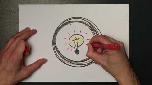 Business infographic symbol of creative idea and insight with light bulb, innovation and problem solving concept, hand drawn marker illustration on white background for strategy and productivity