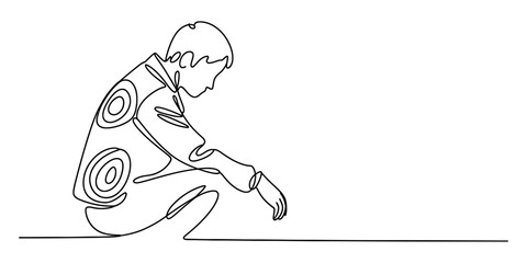 Continuous line art drawing of a young man squatting and looking down thoughtfully Vector, illustration