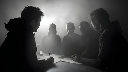 A group of people in a smoky dimly lit room engaged in a serious discussion around a table with papers