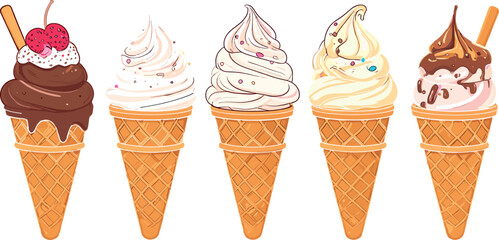 Set of Premium Ice Cream Cones with Melting Chocolate Syrup and Red Cherries