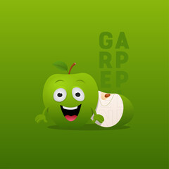 Green apple whole and slice. Healthy food vector illustration on green background