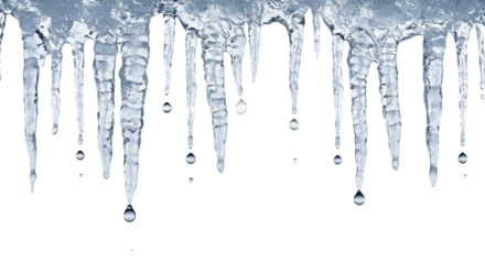 Numerous highly detailed crystalline icicles and spherical suspended water droplets captured mid-drip, using volumetric light against a transparent background with copy space. Luxury winter holiday