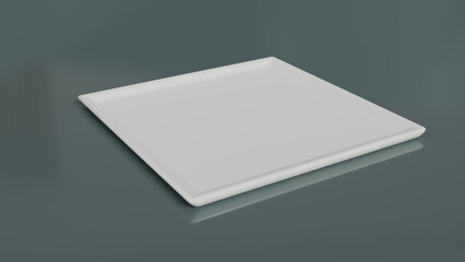 Minimalist White Square Ceramic Plate on Dark Gray Reflective Surface: Modern Empty Porcelain Tray for Food Presentation, Restaurant Dining, and Culinary Photography
