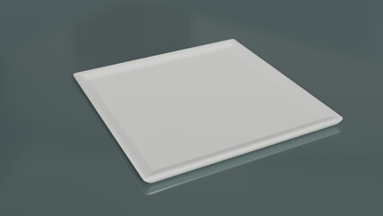Minimalist White Square Ceramic Plate on Dark Gray Reflective Surface: Modern Empty Porcelain Tray for Food Presentation, Restaurant Dining, and Culinary Photography