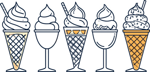 Outlined and Minimalist Ice Cream Cones Collection for Coloring or Modern Graphic Design