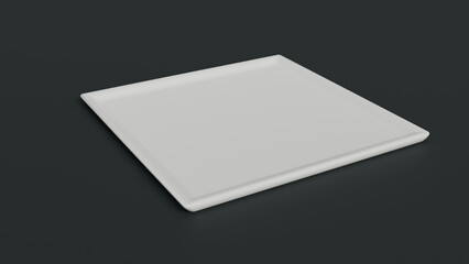 Minimalist White Square Ceramic Plate on Dark Gray Reflective Surface: Modern Empty Porcelain Tray for Food Presentation, Restaurant Dining, and Culinary Photography
