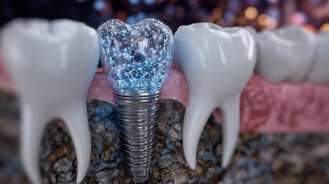 3D medical illustration of premolar implant integration, showing osseointegration process, micro-texture of bone merging with implant threads, annotated teaching visual style