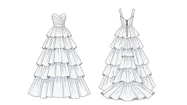 Detailed illustration of two tiered ruffled ball gowns with elegant bodice designs presented side by side on a white background