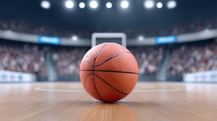 A focused shot of a detailed basketball positioned on the gleaming hardwood floor of a professional sports arena with the stands filled and illuminated by stadium lights suggesting an upcoming game