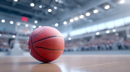 A close up view of a vibrant orange basketball on a gleaming wooden basketball court with a softly blurred background of stadium lights and an indistinct crowd evoking excitement and sport