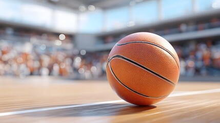 Naklejka premium A close up view of a textured orange basketball positioned on the gleaming wooden floor of an indoor sports arena spectators visible in the out of focus background