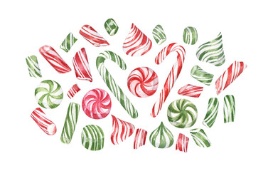 A bunch of red and green watercolor candy canes and peppermint candies. Hand drawn festive clip art isolated on transparent background