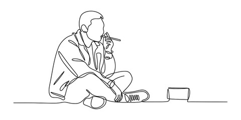 Simple continuous line drawing of a person sitting and relaxing on the ground Vector, illustration
