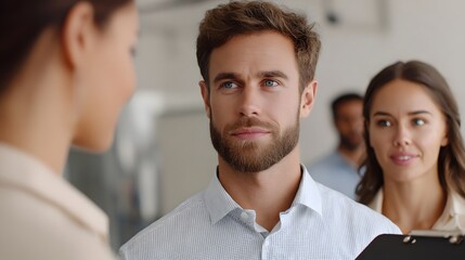 Business professionals collaborate during a meeting discussing assignments with a clipboard