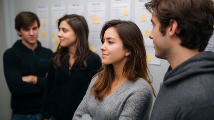 A diverse team of colleagues actively engaged in a collaborative discussion around a wall covered with planning charts and notes in a modern office