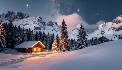 Fototapeta premium Snowy Mountain Christmas Cabin at Night 