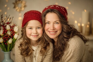 Happy mother and daughter wearing matching knitted hats pose closely together in warm lighting